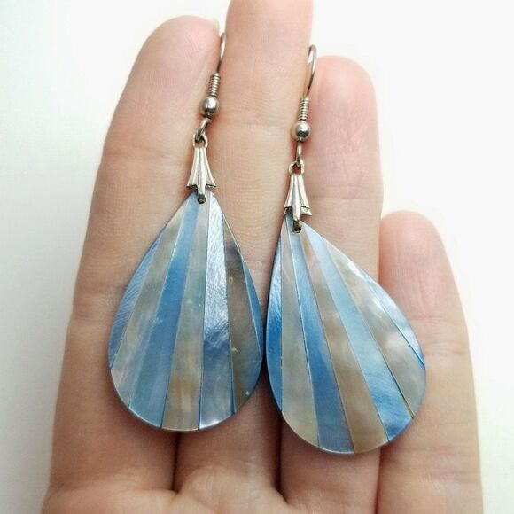 Vintage Jewelry - Vintage Blue Striped Radiant Drop Shape Dangle Earrings, Retro Shiny Estate